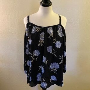 Torrid Black Cold Shoulder Blouse w/ Blue Flowers